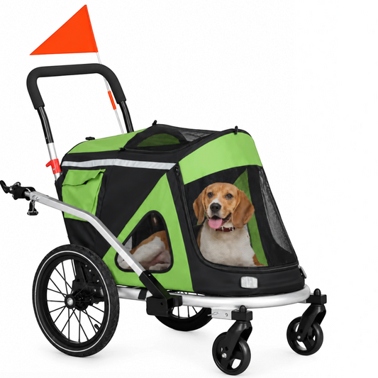 Remorque à vélo pour chien Pattes en balade verte et noire avec maille respirante et drapeau de sécurité