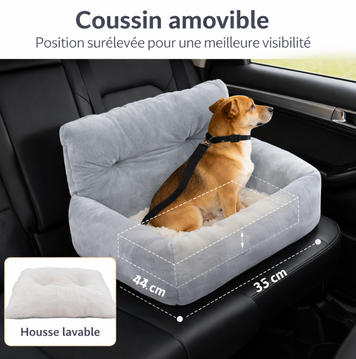 Siège Auto Confort pour Chien – Coussin Surélevé avec Housse Lavable