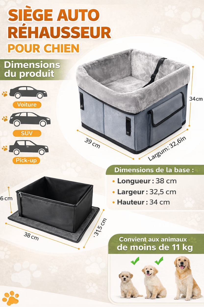 Siège Auto Confort pour Chien – Panier de Voiture Sécurisé et Douillet pour Animaux