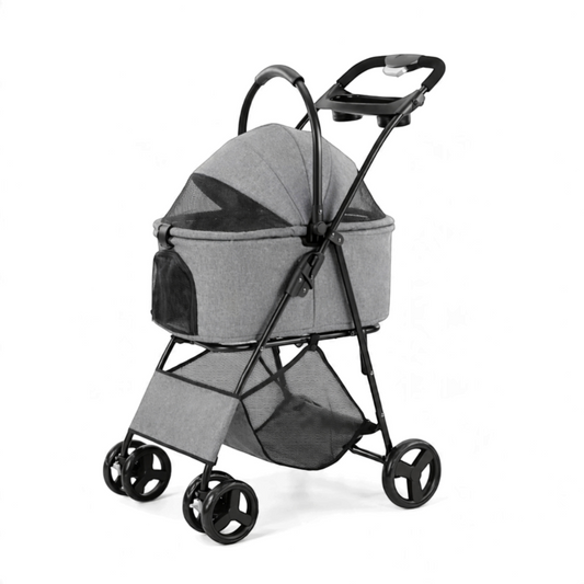 Poussette pour chien Pattes en balade grise avec capote, filet de ventilation et panier de rangement inférieur
