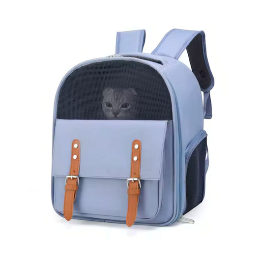 Sac à dos de transport Pattes en balade bleu avec fenêtre en maille pour chat, bretelles rembourrées et détails cuir